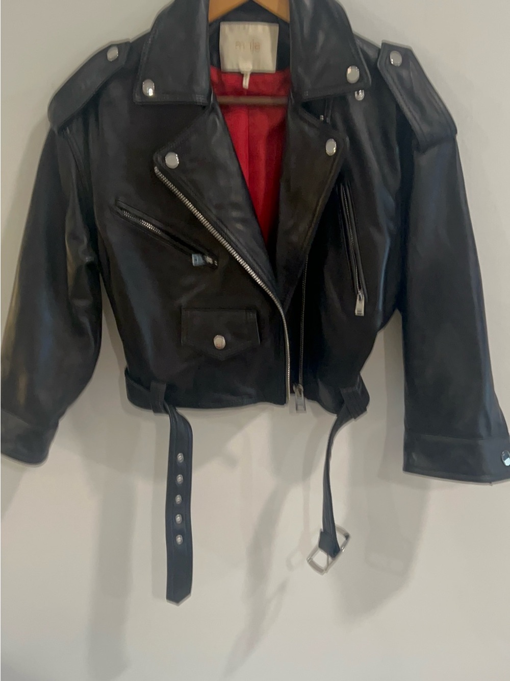 Maje Black Leather Biker Jacket with Red Lining size 38 - Picture 3 of 12